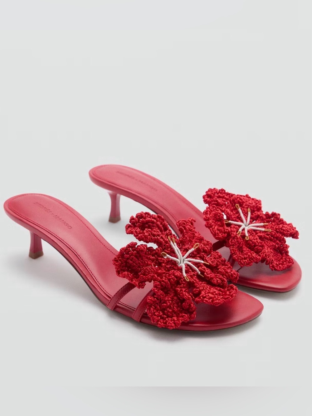 SIEDRES x Mango - Red Leather Crochet Floral Kitten-Heel